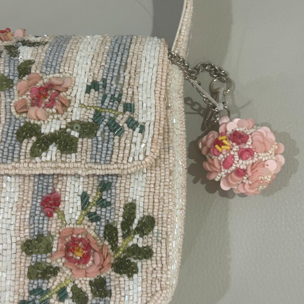 India Beaded Bag Pink Rose Flowers with Blue Pink White Stripes and Bag Charm - Picture 4 of 6